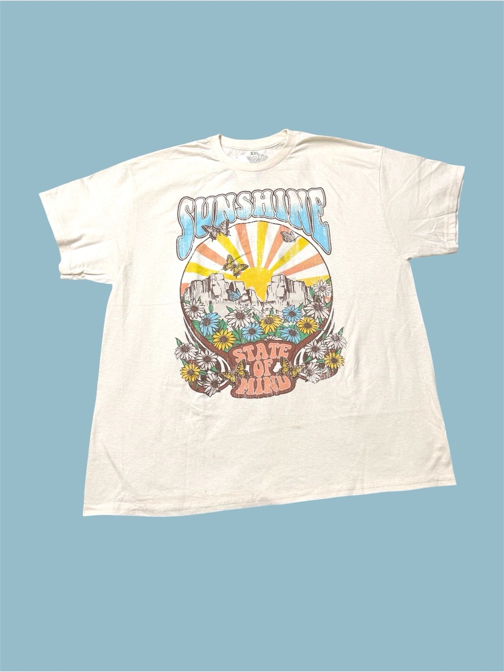 Graphic Tee “Sunshine State of Mind” Cream White Multi-Color Print Med or XXL